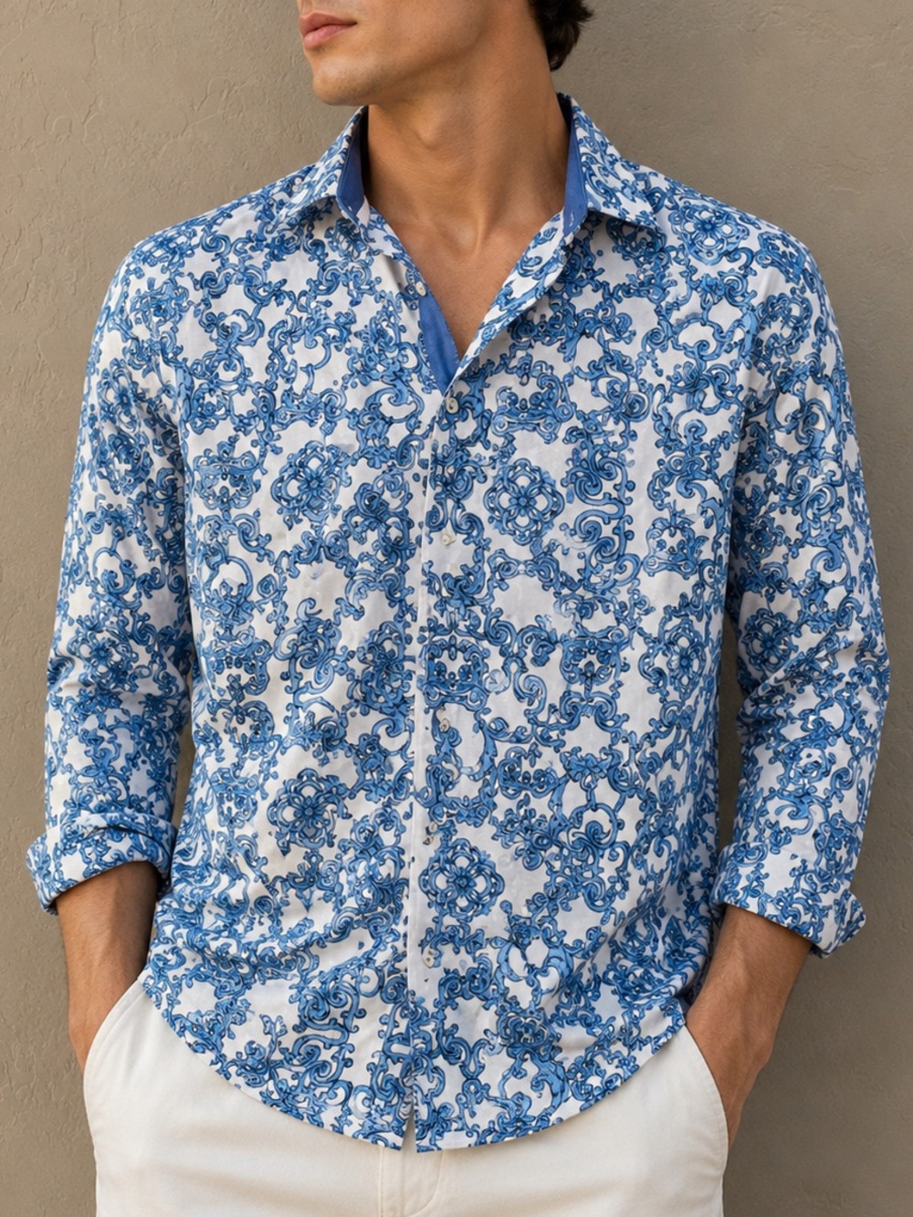 Rosso Milano Italy Modern Fit Blue White Baroque Print Shirt M